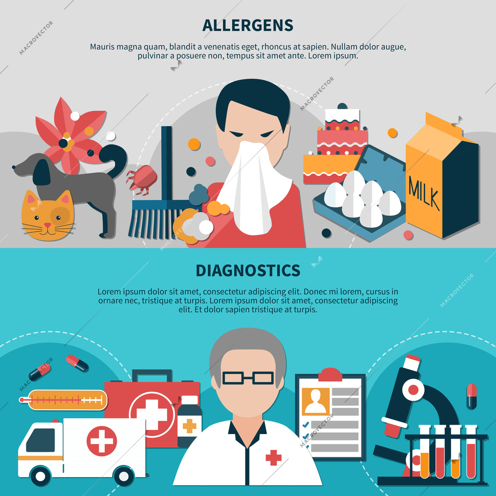 Flat set of horizontal banners with different allergens and diagnostics of allergy isolated vector illustration