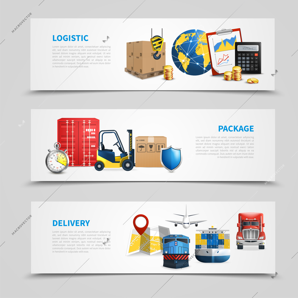 Three colored and horizontal logistic banner set with package delivery and logistic headlines vector illustration