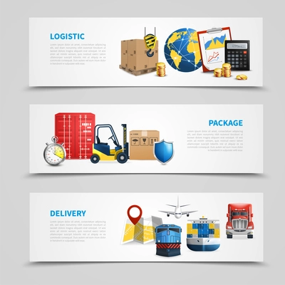 Three colored and horizontal logistic banner set with package delivery and logistic headlines vector illustration