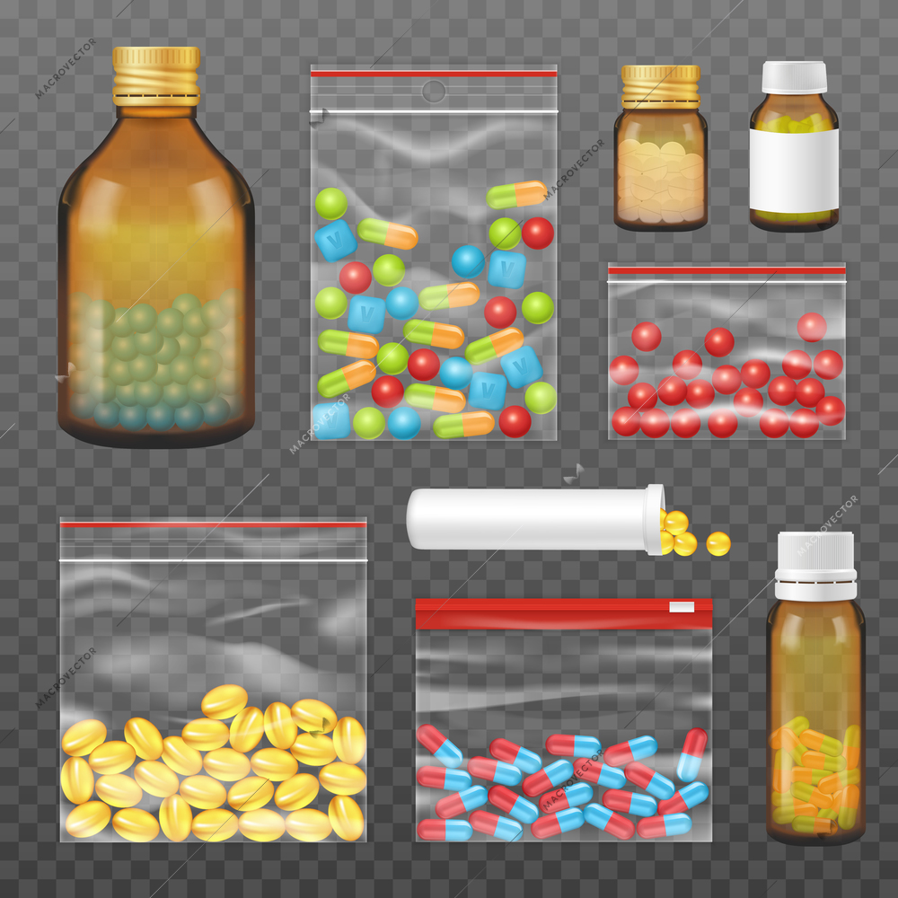 Colorful pills capsules drugstore assortment realistic set in sealed plastic bags and bottles dark transparent background vector illustration