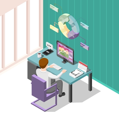 Online trading isometric background with creative man at workplace looking for change in prices on stock market vector illustration