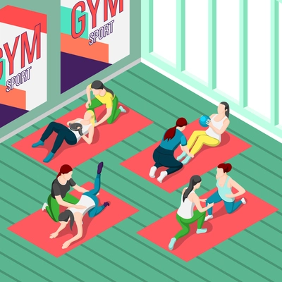 Fitness isometric background with people training in gym with personal sport  instructors vector illustration