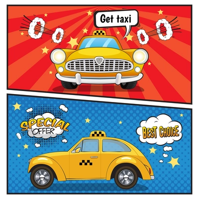 Taxi service comic style banners with yellow car, speech bubbles on pop art background isolated vector illustration