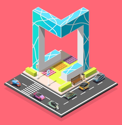 City constructor isometric element with road pedestrian crossing futuristic cars and abstract architecture vector illustration