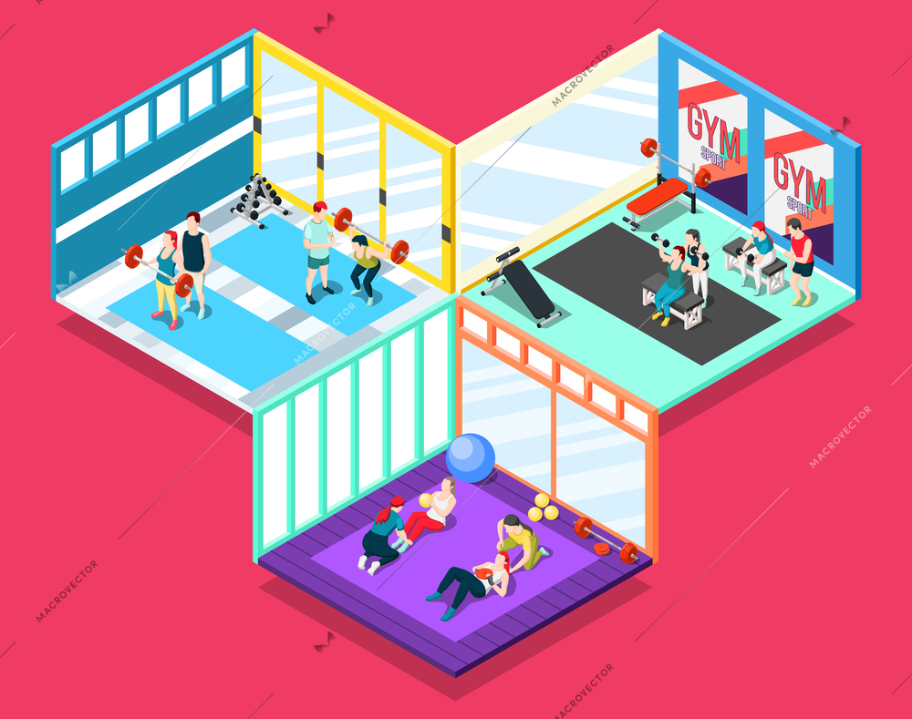 Gym isometric design concept with people and their personal sport trainers working indoor vector illustration