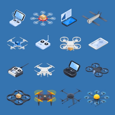 Drones isometric icons with unmanned aircrafts of different purposes, uav controllers on blue background isolated vector illustration