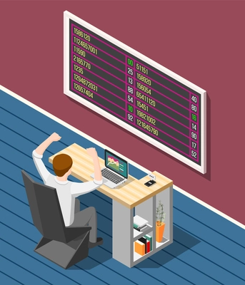 Stock exchange background with broker looking for stock market quotes on display isometric vector illustration