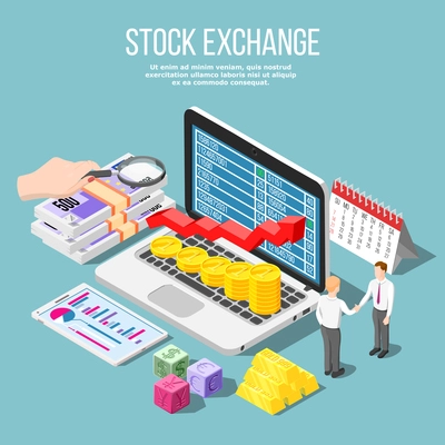 Stock exchange isometric composition with  stock market price on laptop display control schedule bundles of banknotes vector illustration