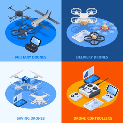 Isometric compositions with military unmanned aircrafts, drones for delivery and rescue, uav controllers isolated vector illustration