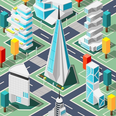 Futuristic city top view background with  elements and  architecture elements and buildings of different shapes isometric vector illustration