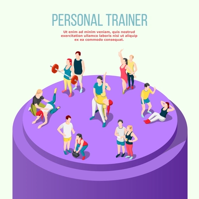 Personal sport trainer isometric composition with group of  instructor and their male and female adult pupils vector illustration