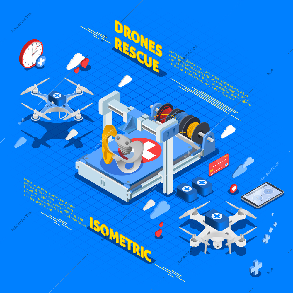 Rescue drones as ambulance service with first aid kit isometric composition on blue background vector illustration