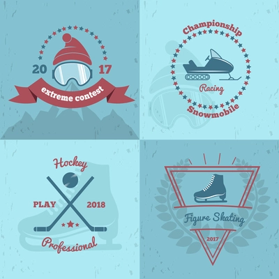 Winter sports emblems 2x2 with extreme contest, snowmobile championship, professional hockey, figure skating isolated vector illustration