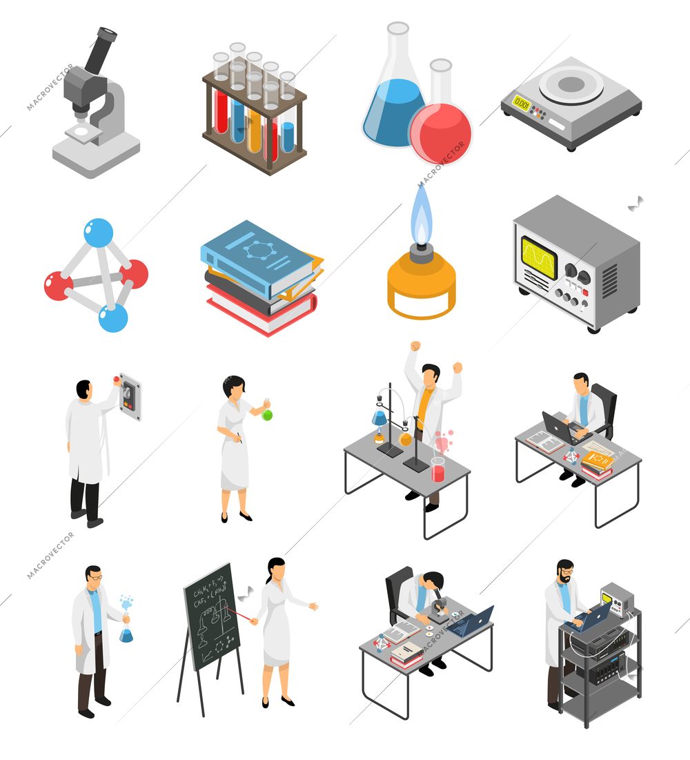 Isometric scientific laboratory set with isolated images of research equipment and human characters of scientists in uniform vector illustration