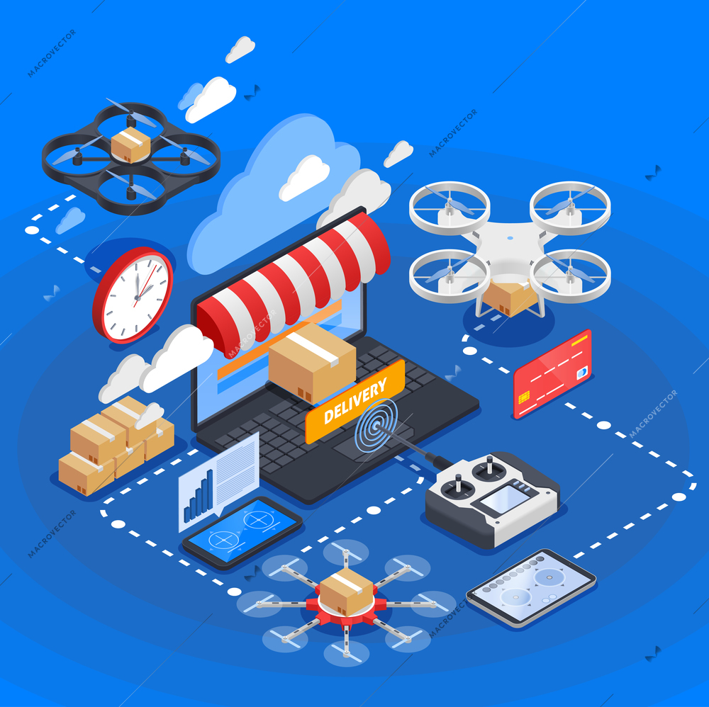 E-commerce and goods delivery by drones isometric composition on blue background with uav controller vector illustration