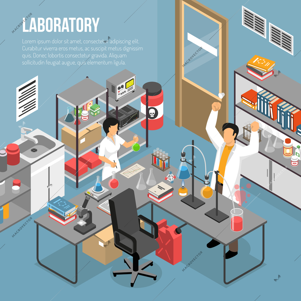 Isometric scientific laboratory background with editable text and research lab interior with furniture and human characters vector illustration