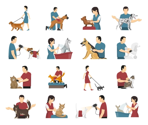 Grooming service set with isolated images of people washing drying and cutting wool of their pets vector illustration