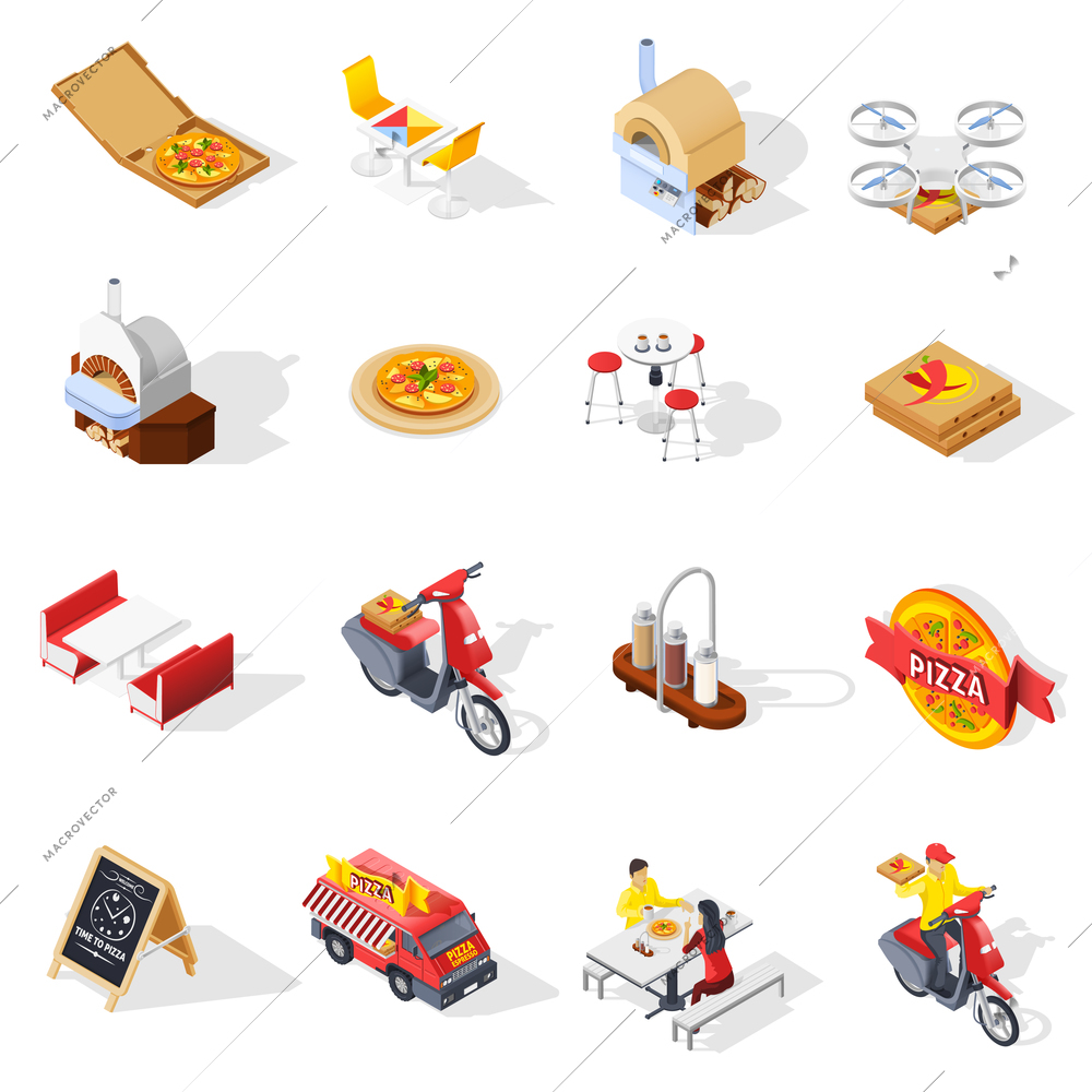 Pizzeria isometric set with product in packaging, ovens, tables for visitors, courier, delivery drone isolated vector illustration