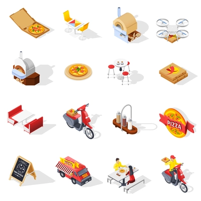 Pizzeria isometric set with product in packaging, ovens, tables for visitors, courier, delivery drone isolated vector illustration