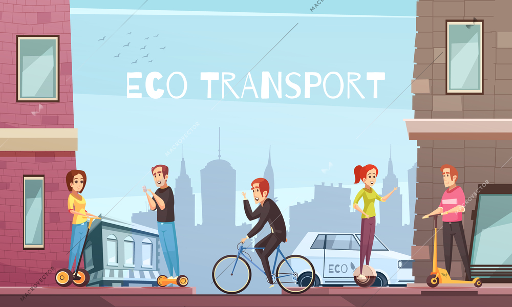 Eco city transport with personal transit devices as scooter two-wheeled electric hoverboard bicycle cartoon vector illustration