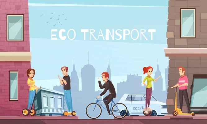 Eco city transport with personal transit devices as scooter two-wheeled electric hoverboard bicycle cartoon vector illustration