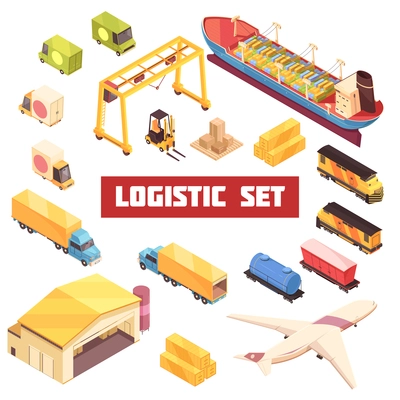 Logistics storehouse transportation industrial warehouse equipment isometric elements collection with trucks aircraft and cargo vessel vector illustration