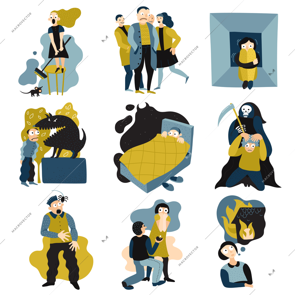 Human fears panic anxiety flat icons collection with spider nightmare claustrophobia death crowded space isolated vector illustration