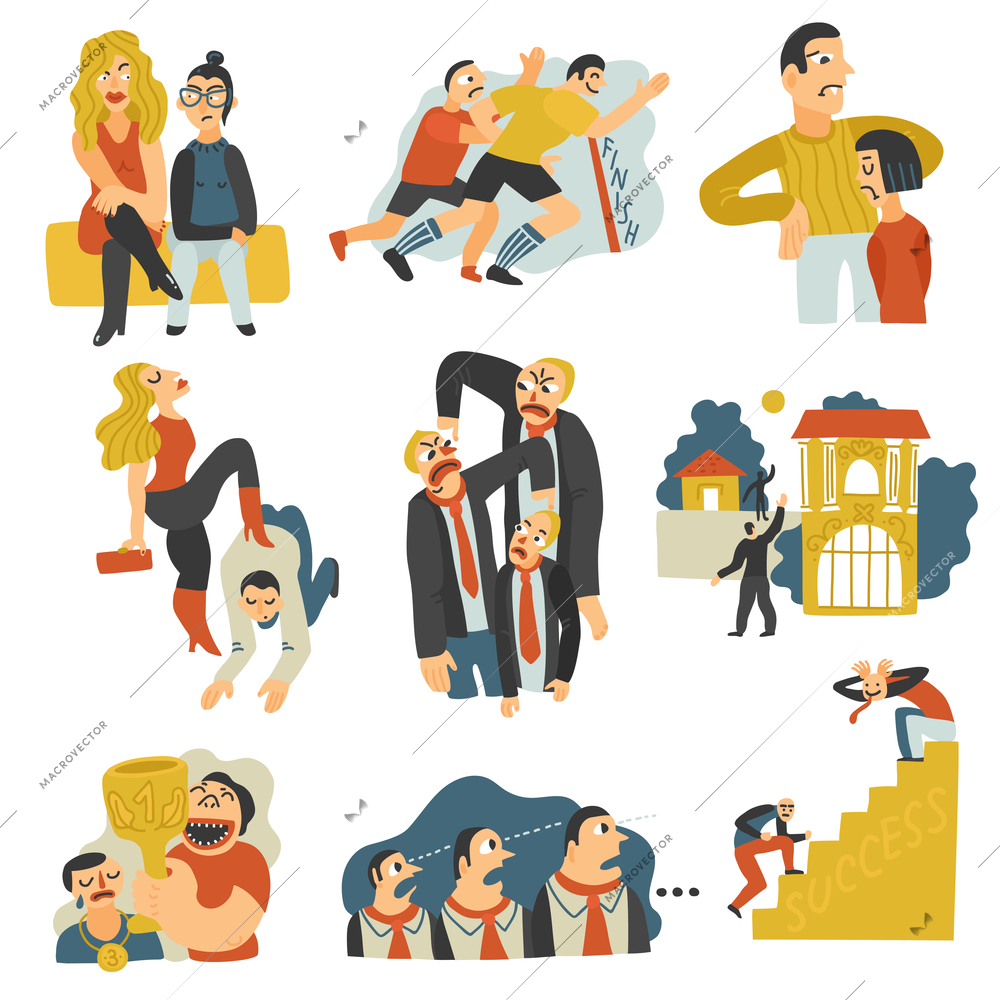 Competitive rivalry in business for social status territory leadership mates profit prestige flat icons set vector illustration