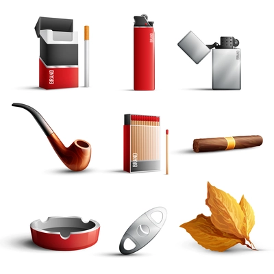 Traditional tobacco products realistic set with cigarette pack matches lighters pipe cigar ashtray tobacco leaves on white background isolated vector illustration