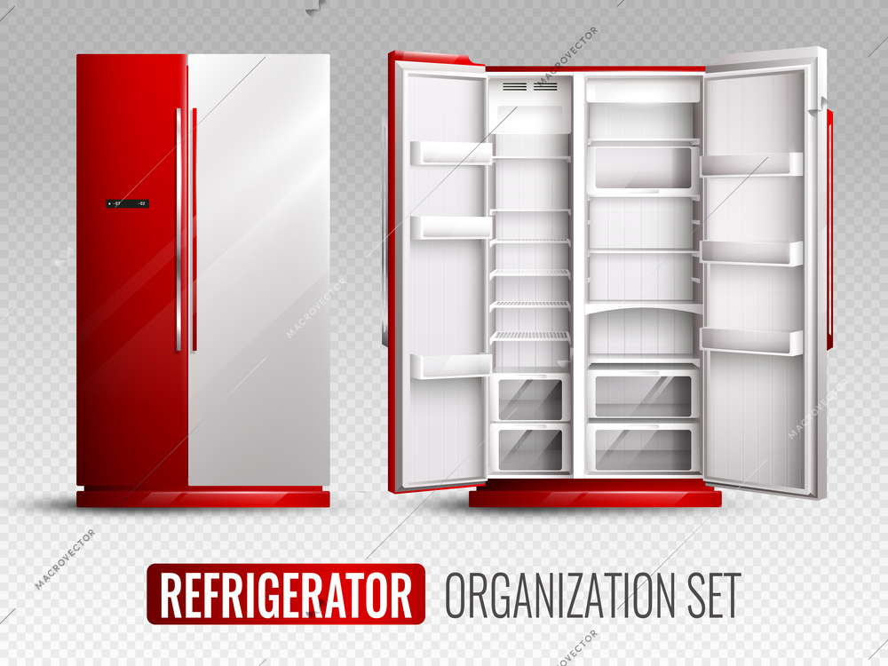 Refrigerator organization in red and white colors with opened and closed empty fridge on transparent background realistic vector illustration