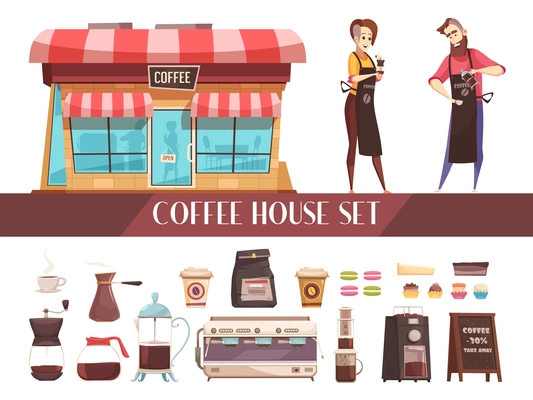 Coffee house two horizontal banners with image barmaid and barista near coffee house and set of different types of coffee makers