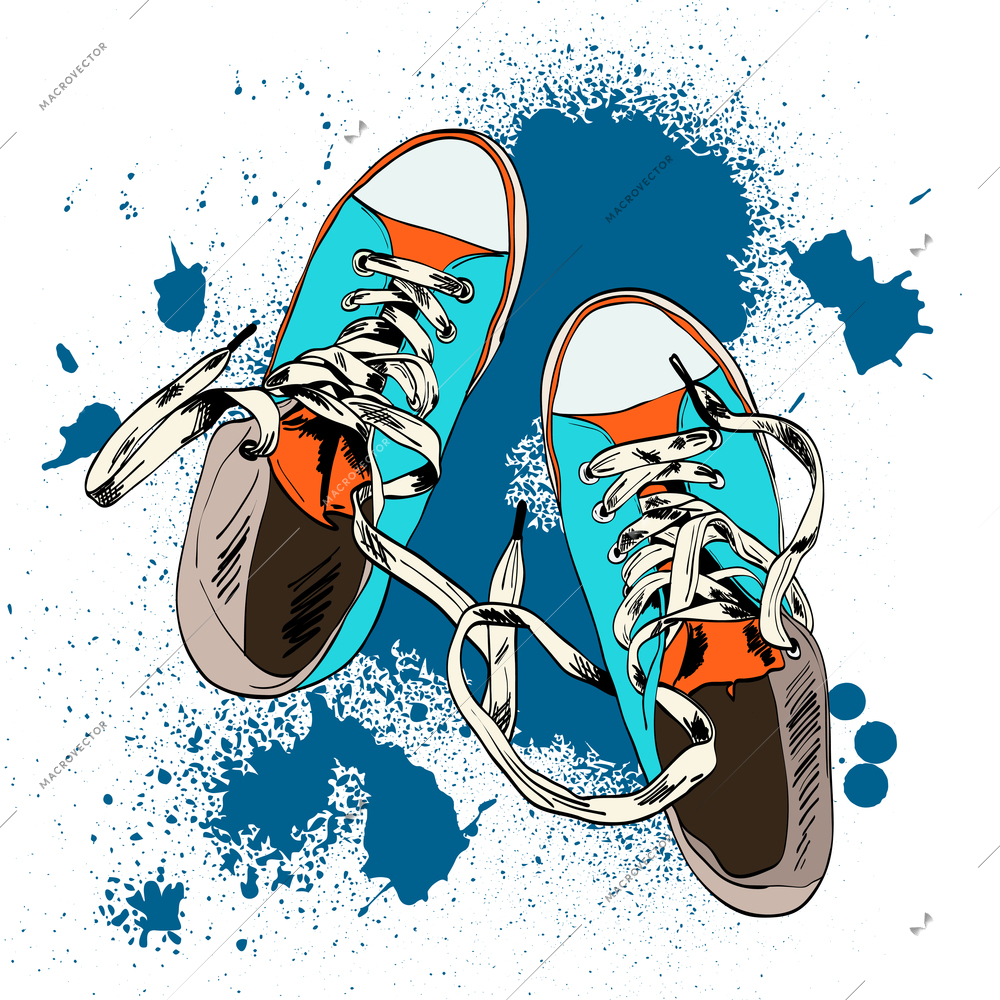 Colored funky gumshoes fashion sneakers grunge style with ink splash background vector illustration.