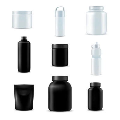 Fitness sport water and nutrition bottles from eco friendly materials realistic white black set isolated vector illustration