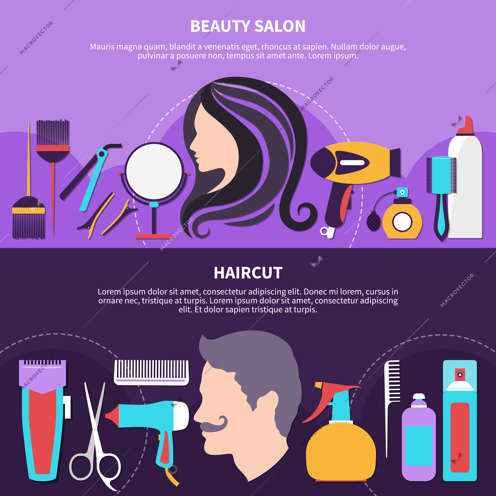 Two hairdresser flat composition with beauty salon and hairdresser headlines and place for text vector illustration