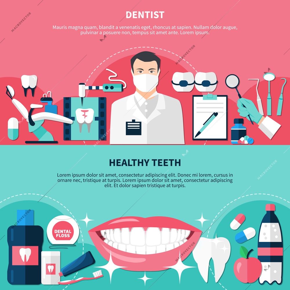 Healthy teeth horizontal banners with doctor figurine dentistry instruments and white smile  flat icons vector illustration