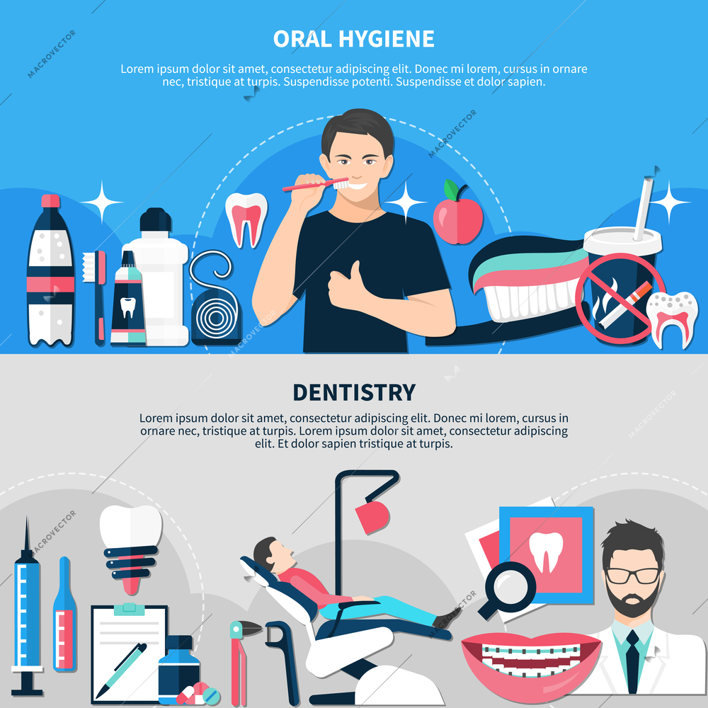 Oral hygiene and dentistry horizontal banners with dentist office equipment and tools flat icons set vector illustration