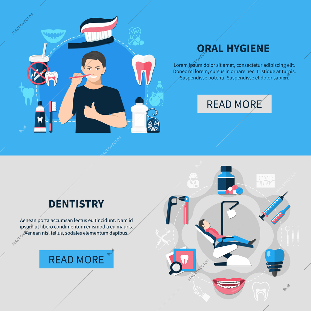 Dental horizontal banners with oral hygiene and dentistry decorative icons set flat vector illustration