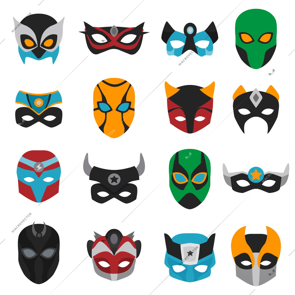 Set of female and male superhero masks with various ornaments, horns and signs isolated vector illustration