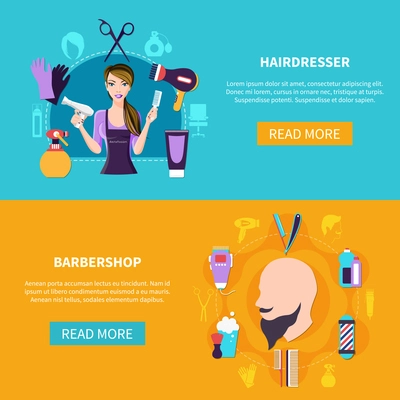 Two hairdresser banner set with hairdresser and barbershop headlines and read more buttons vector illustration