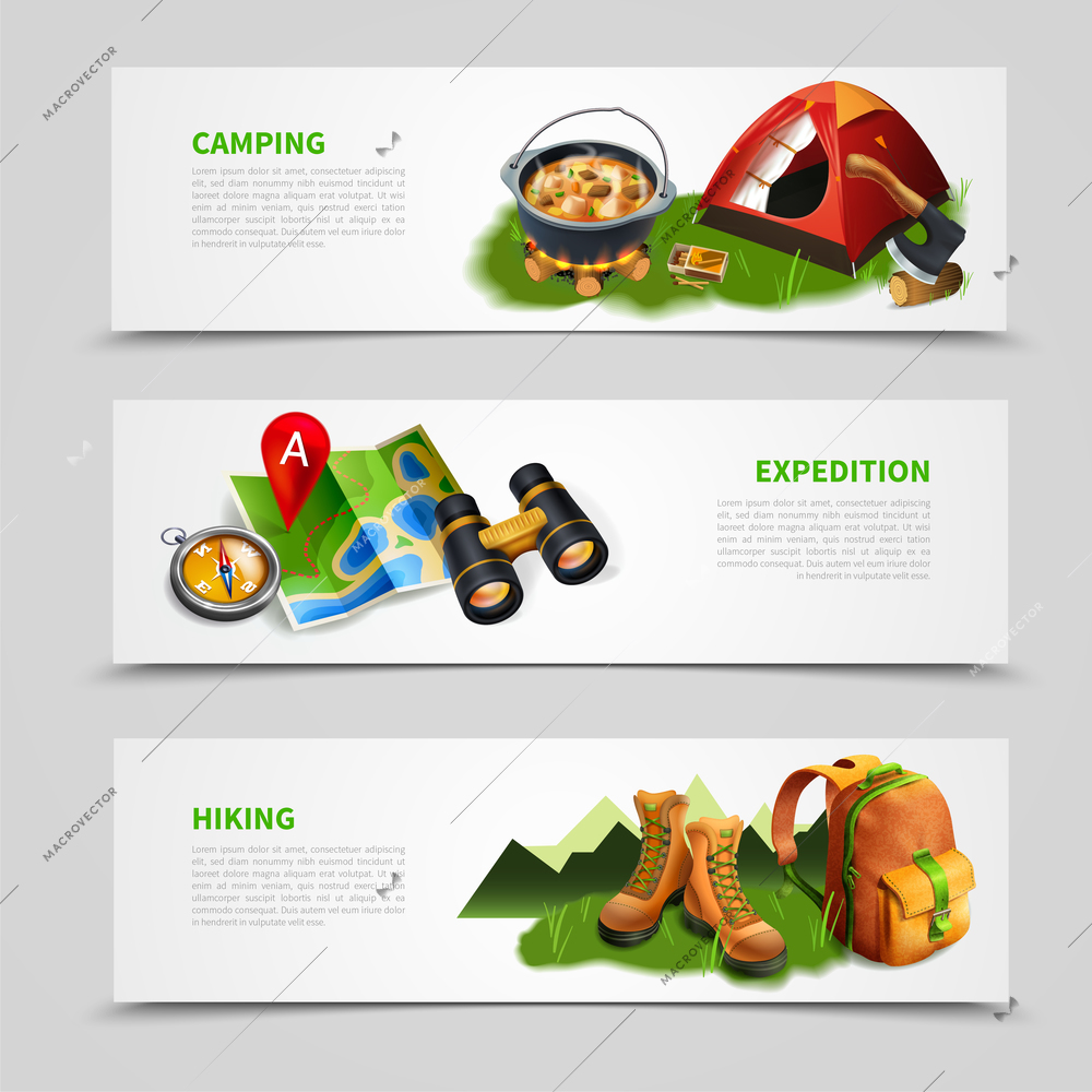 Three horizontal camping realistic banner set with camping expedition hiking descriptions vector illustration