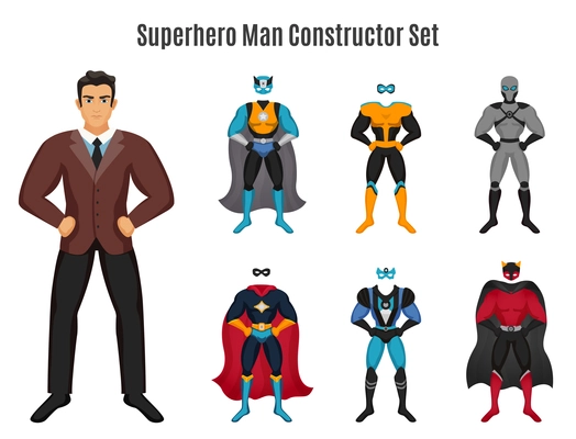 Superhero constructor set with man in business suit and protector costumes including mask, cloak isolated vector illustration