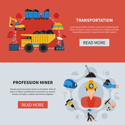 Colorful horizontal mining banners set with coal transportation and tools of professional miner flat isolated vector illustration