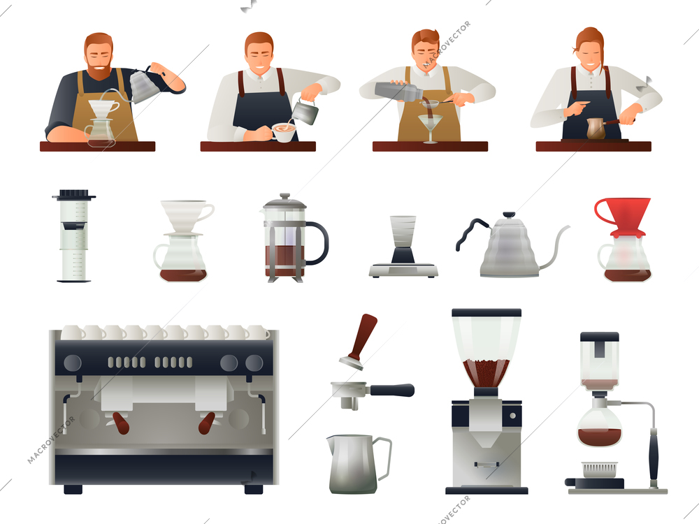 Barista and coffee equipment gradient set with coffee beans flat isolated vector illustration