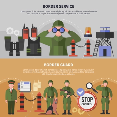 Two horizontal border service banners set with guards wearing uniform flat isolated vector illustration