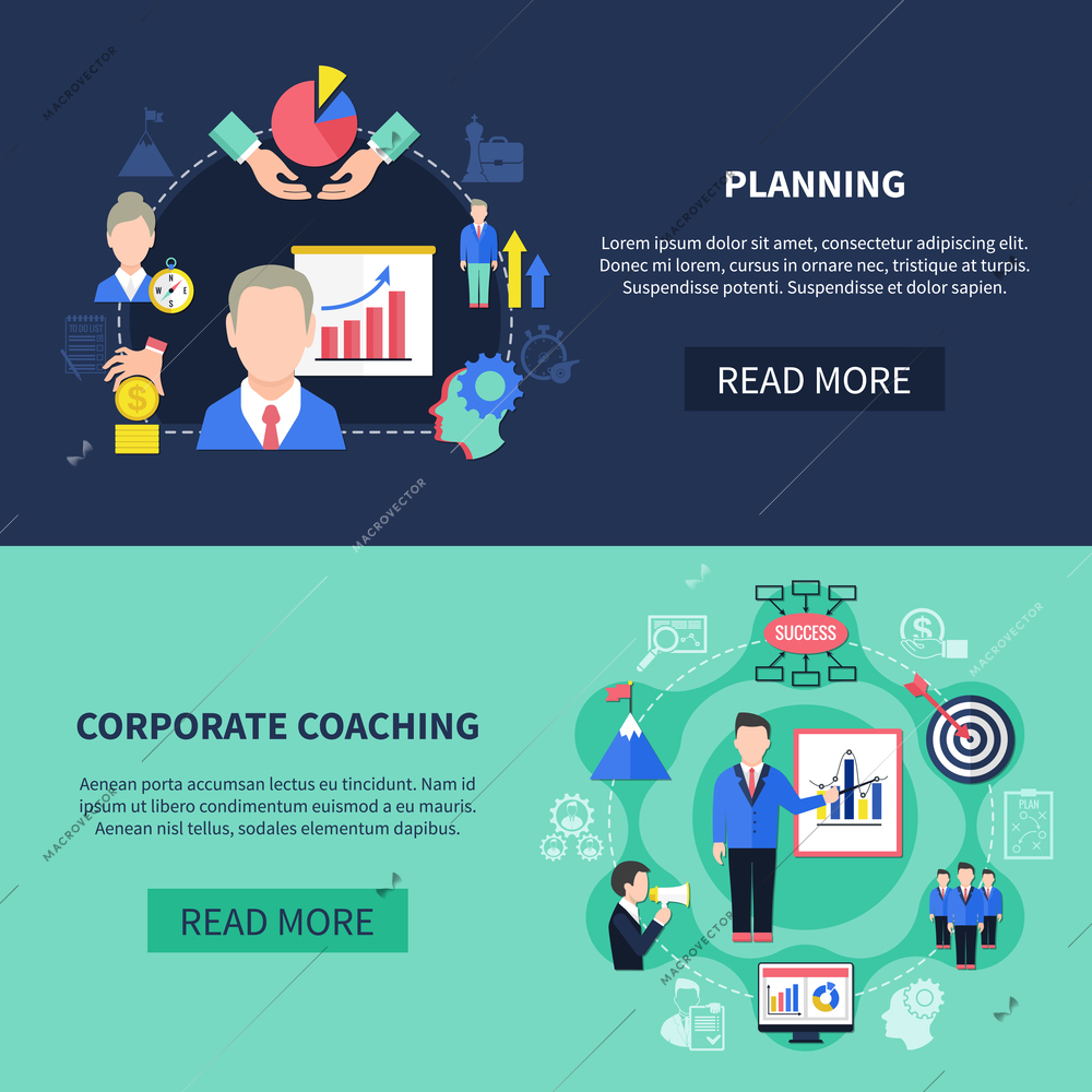 Coaching horizontal banners set with corporate coaching symbols flat isolated vector illustration