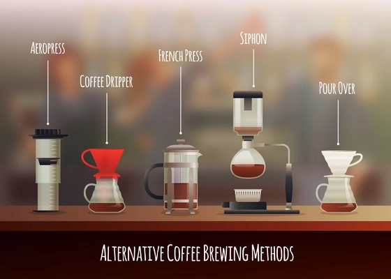 Coffee equipment gradient composition with aeropress siphon and khemeks flat vector illustration