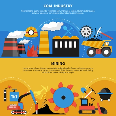 Flat design horizontal banners set with mining industry and coal transportation elements isolated vector illustration