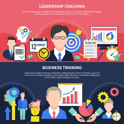 Business training horizontal banners set with leadership coaching symbols flat isolated vector illustration