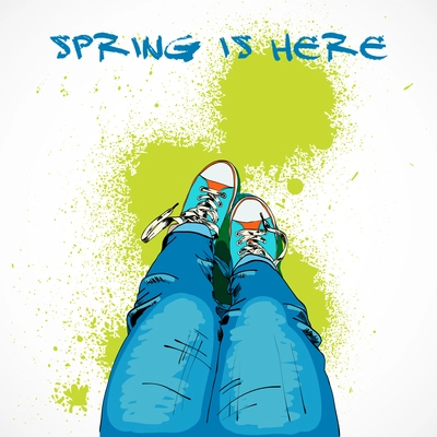 Hand drawn legs in colored funky gumshoes spring is here poster vector illustration