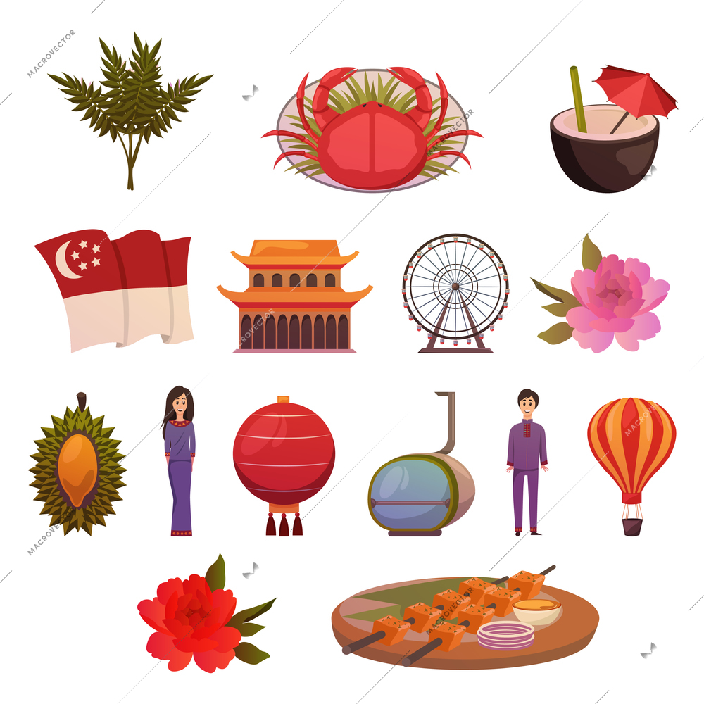 Singapore food landmarks tourist attractions orthogonal colorful icons set with science museum building and crab dish vector illustration